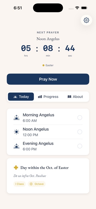 Simple Angelus home screen showing the next prayer countdown, prayer times, and liturgical feast day