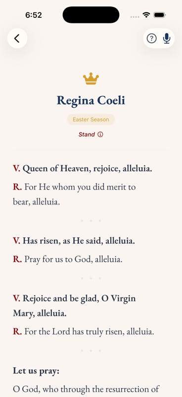 Prayer view showing the Regina Caeli with traditional verses and responses in liturgical formatting