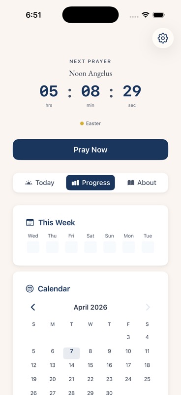 Progress tab showing weekly prayer history and monthly calendar view